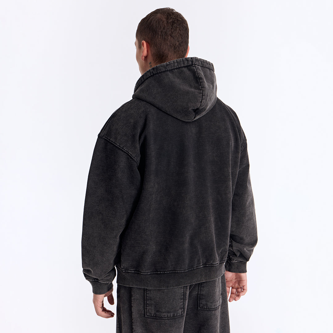 Siyah Yıkamalı Kapüşonlu Fermuarlı Oversize Sweatshirt