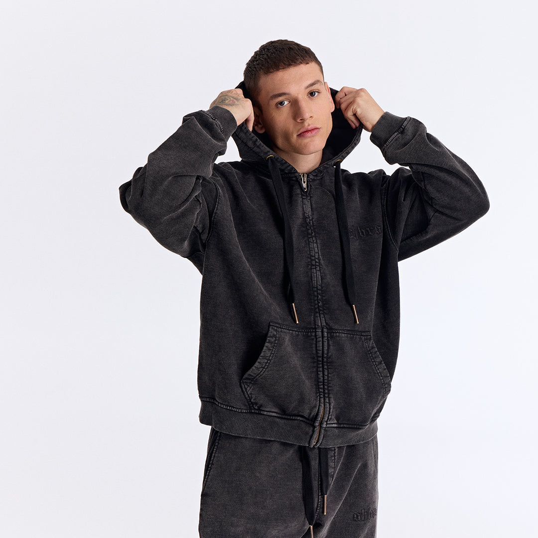 Siyah Yıkamalı Kapüşonlu Fermuarlı Oversize Sweatshirt