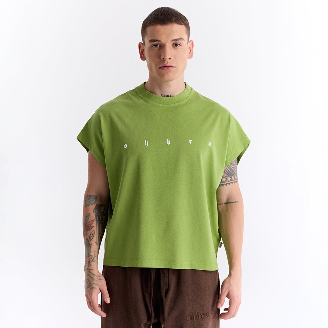 Keskin Yeşil Uzun Logo Super Oversize Crop Kolsuz Tişört