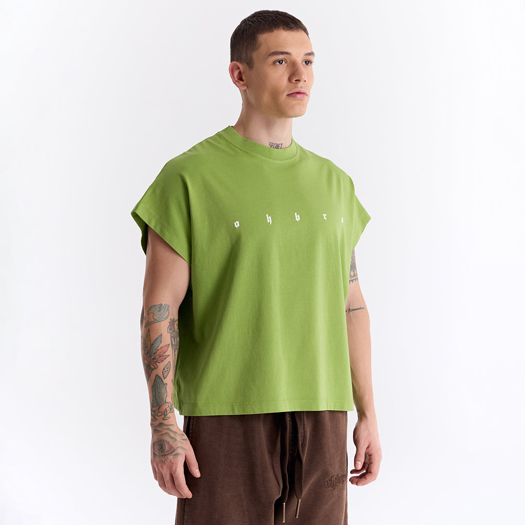 Keskin Yeşil Uzun Logo Super Oversize Crop Kolsuz Tişört