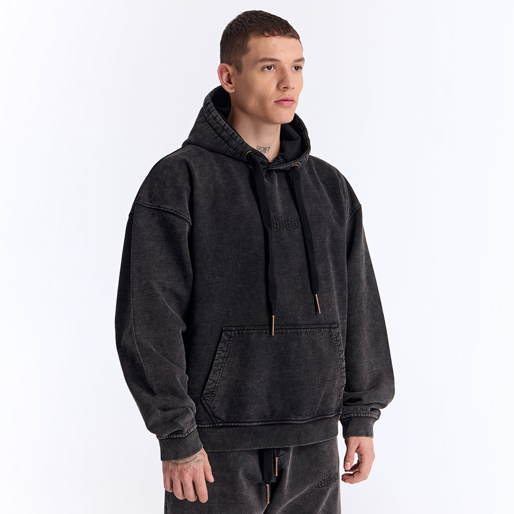 Siyah Yıkamalı Kapüşonlu Oversize Sweatshirt