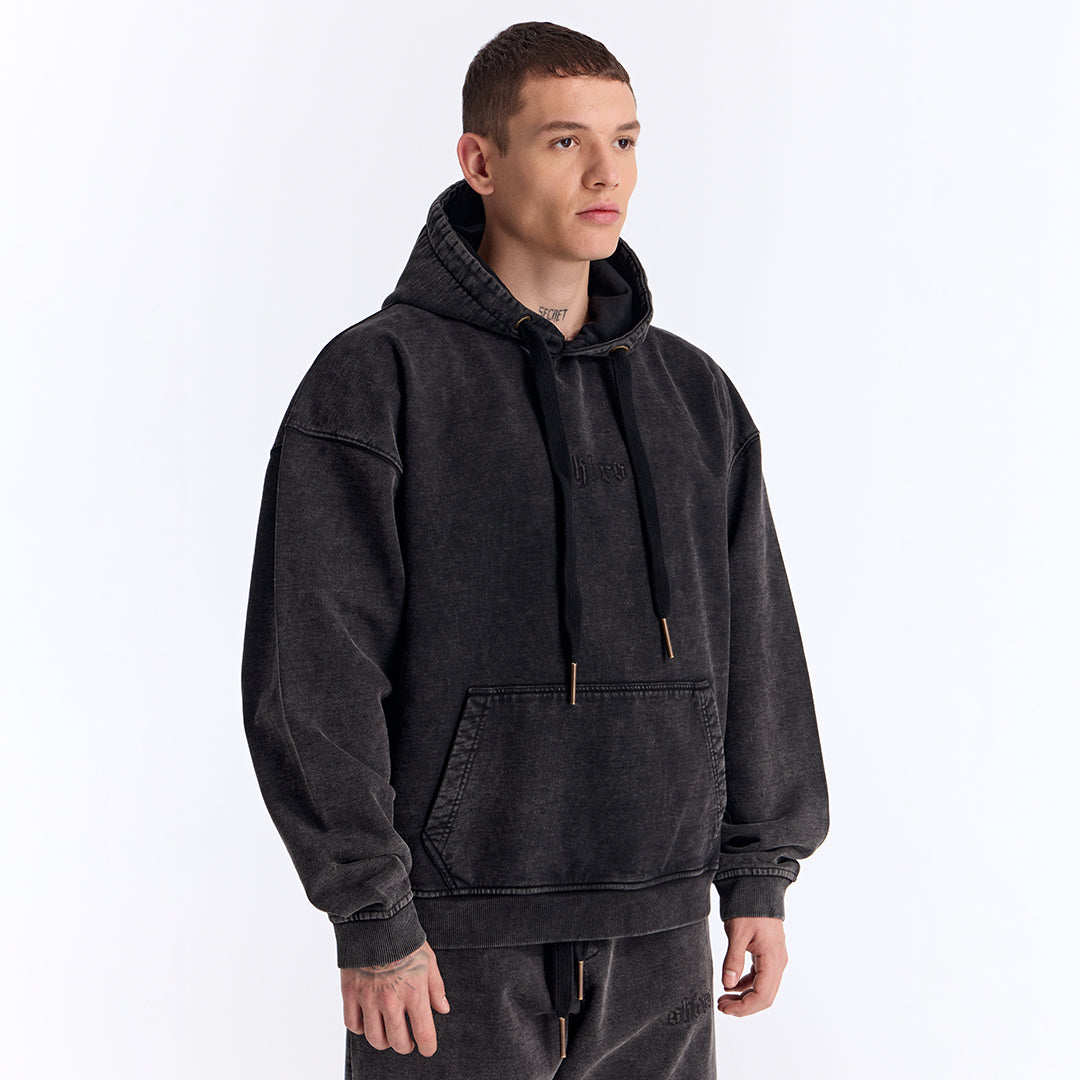Siyah Yıkamalı Kapüşonlu Oversize Sweatshirt