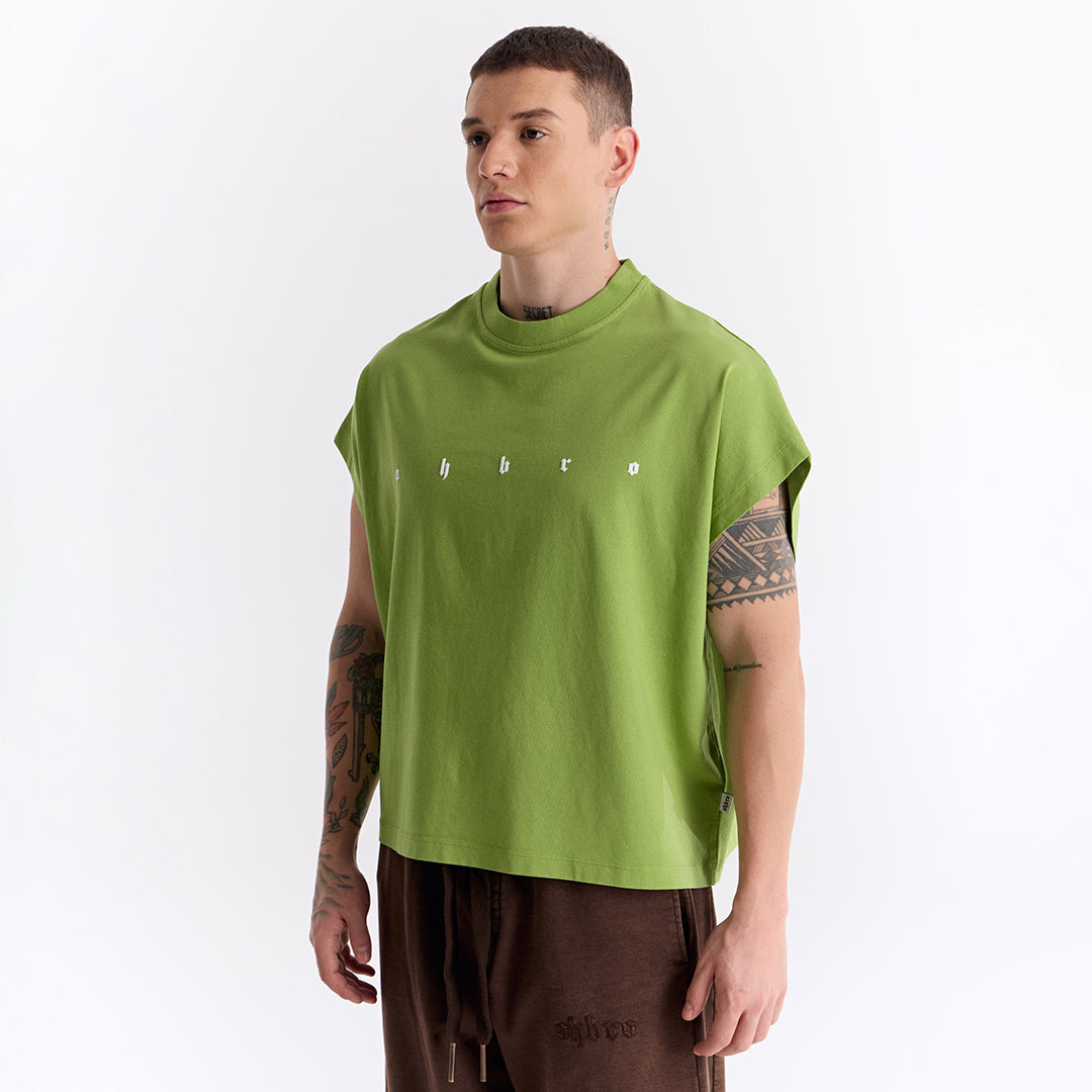 Keskin Yeşil Uzun Logo Super Oversize Crop Kolsuz Tişört