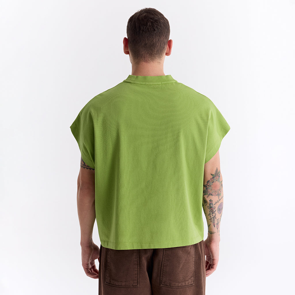 Keskin Yeşil Uzun Logo Super Oversize Crop Kolsuz Tişört