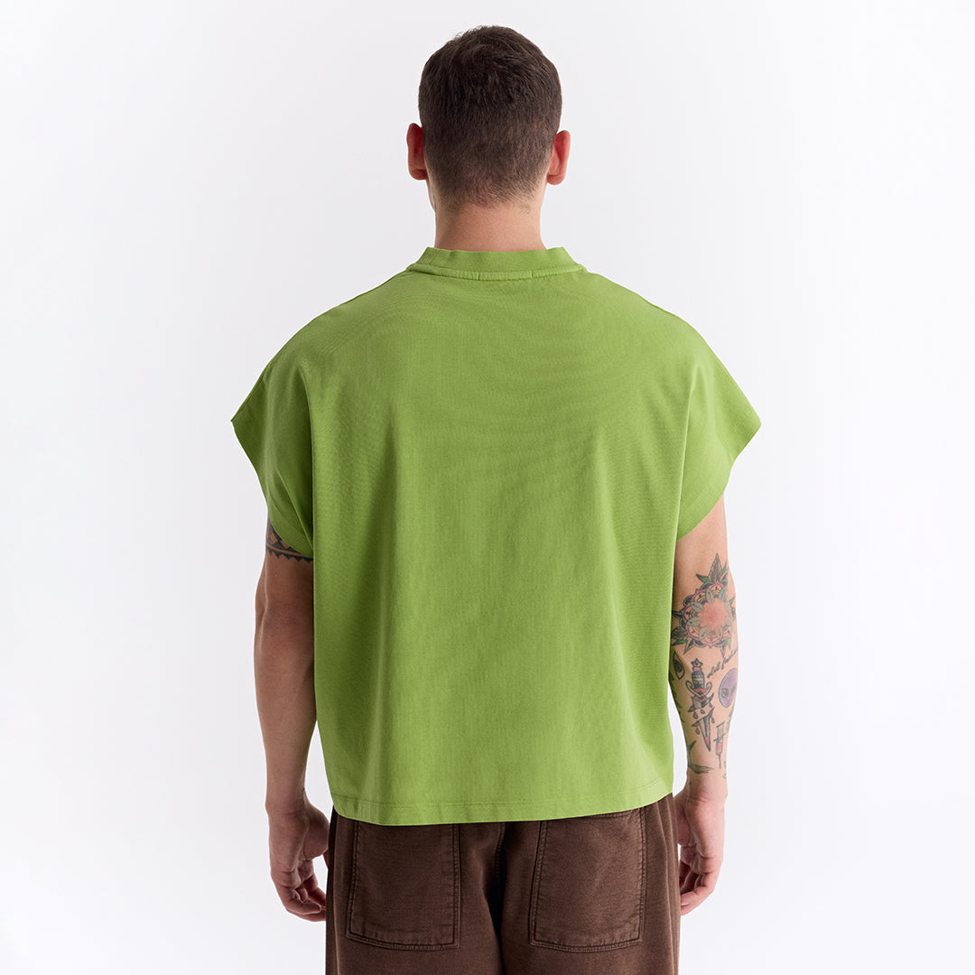 Keskin Yeşil Uzun Logo Super Oversize Crop Kolsuz Tişört