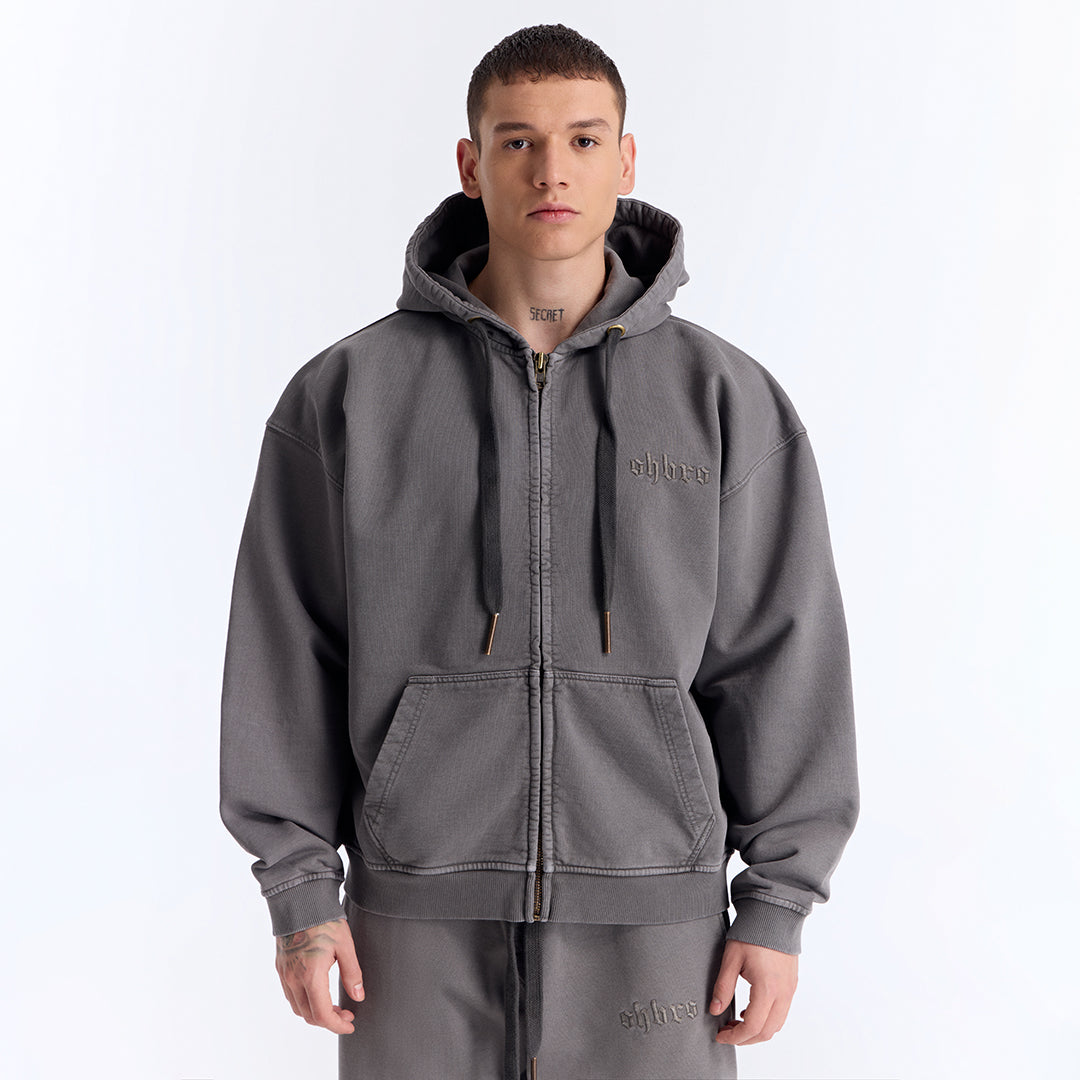 Gri Yıkamalı Kapüşonlu Fermuarlı Oversize Sweatshirt