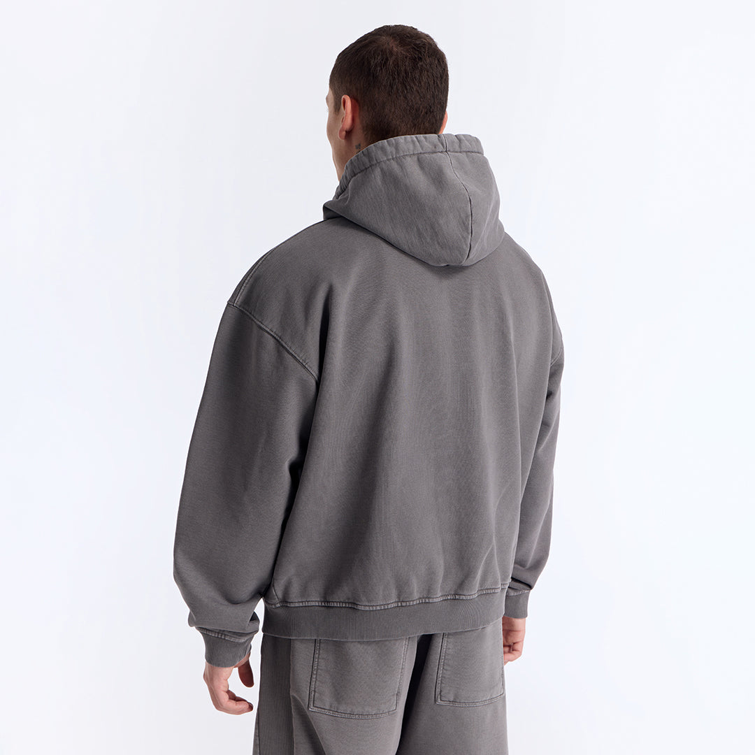 Gri Yıkamalı Kapüşonlu Fermuarlı Oversize Sweatshirt