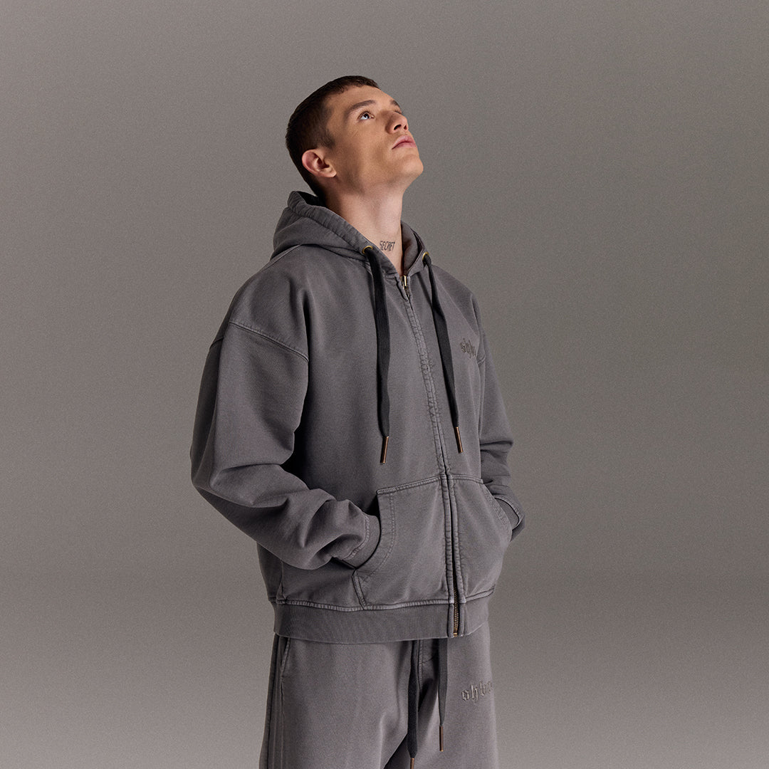 Gri Yıkamalı Kapüşonlu Fermuarlı Oversize Sweatshirt