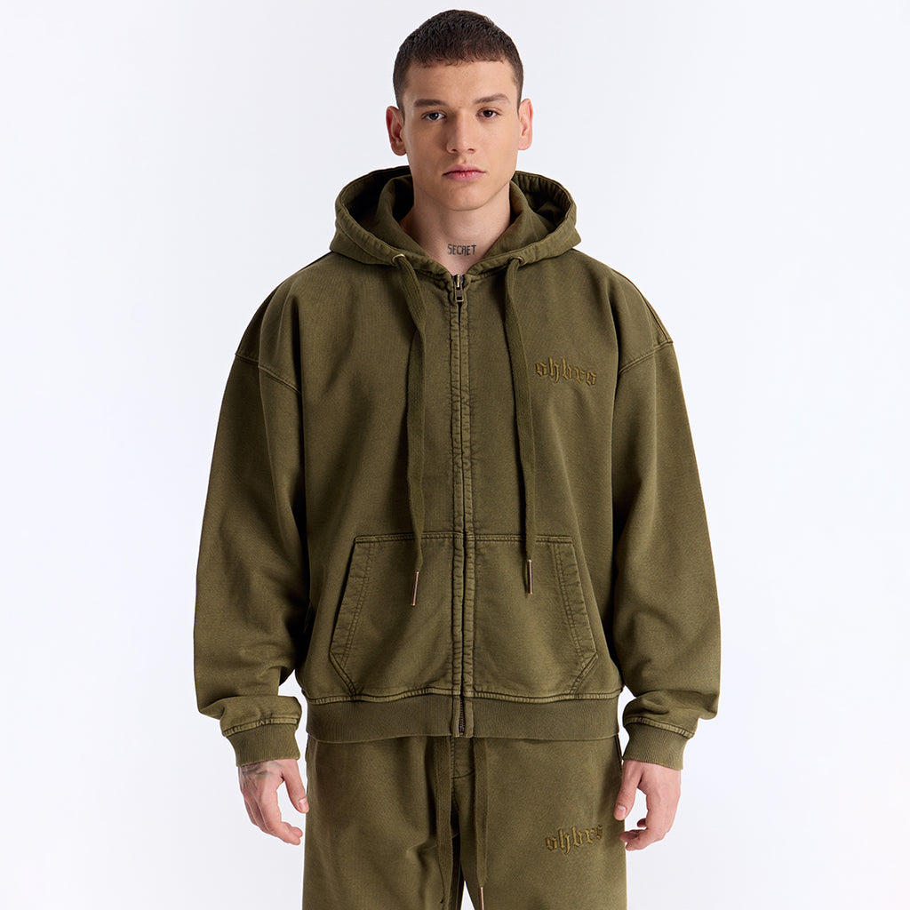 Haki Yıkamalı Kapüşonlu Fermuarlı Oversize Sweatshirt