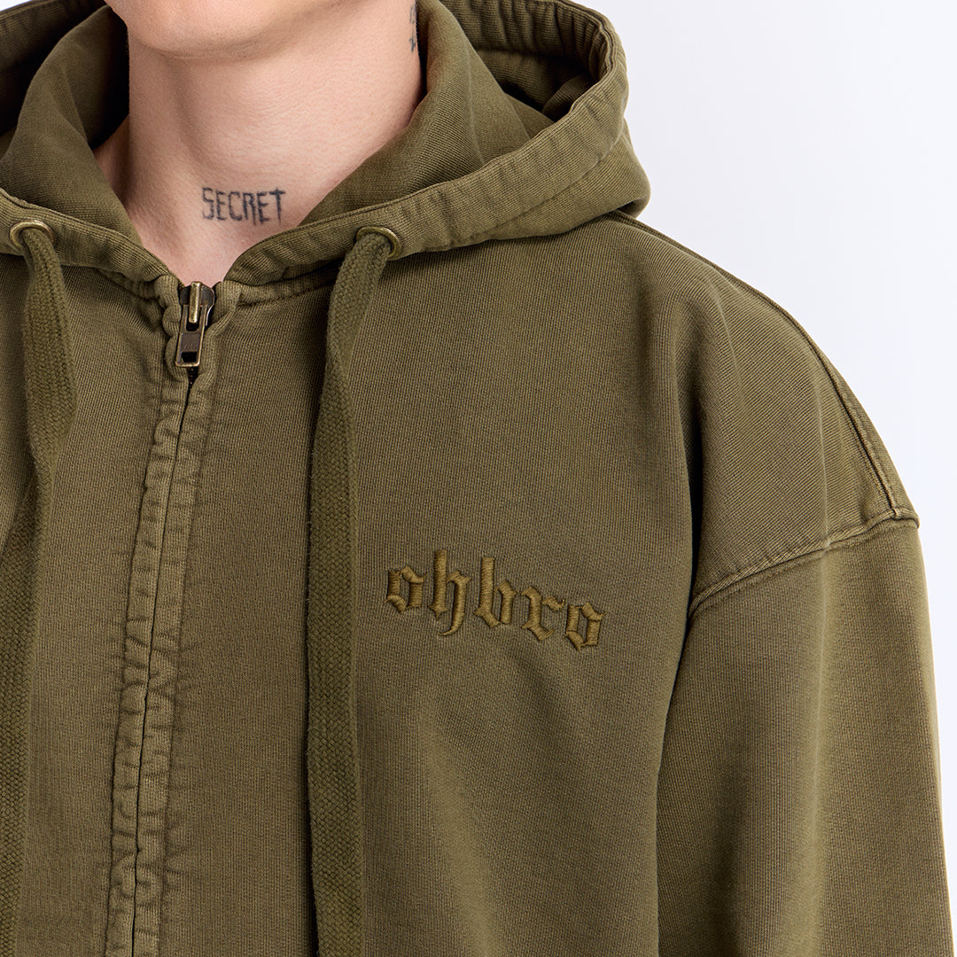Haki Yıkamalı Kapüşonlu Fermuarlı Oversize Sweatshirt