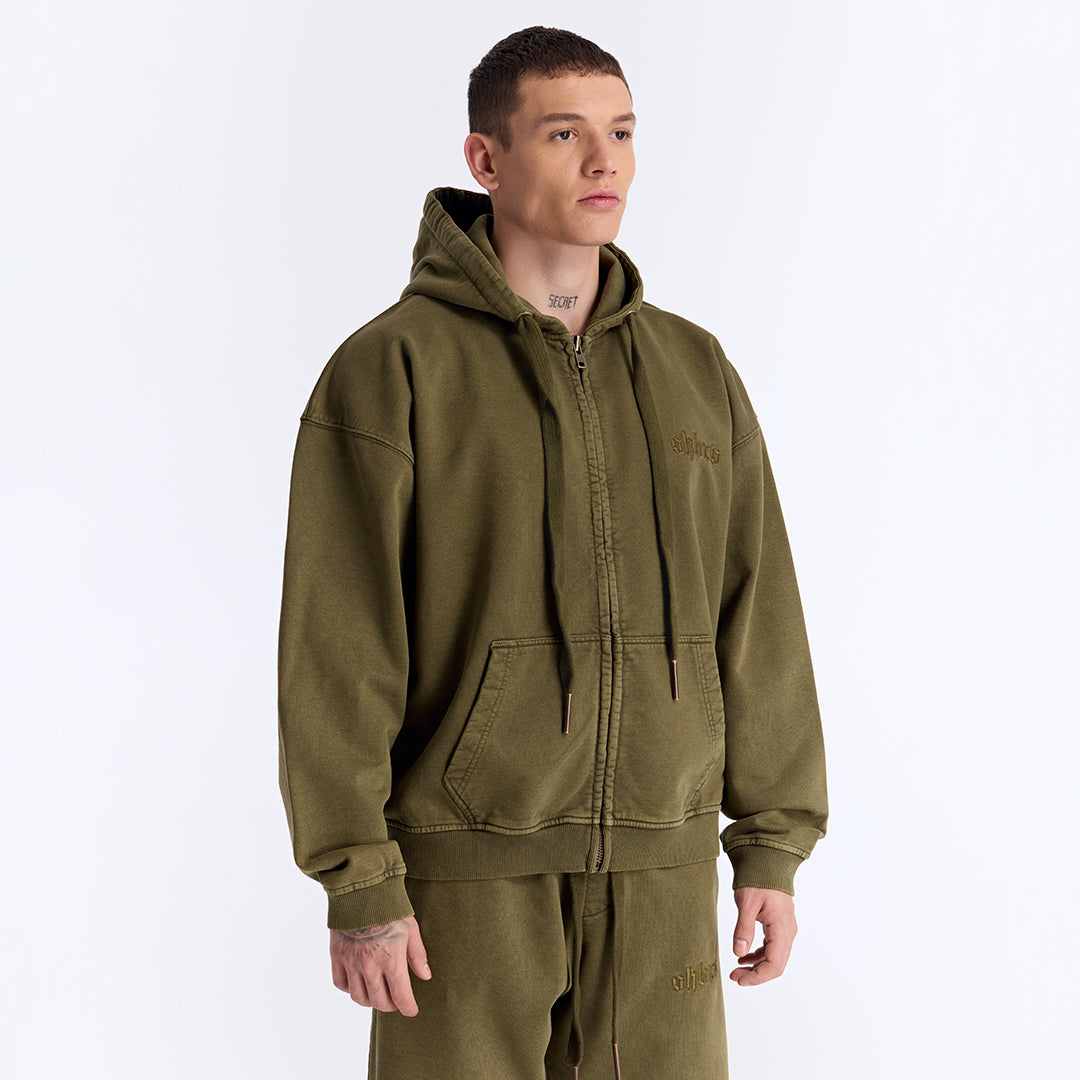 Haki Yıkamalı Kapüşonlu Fermuarlı Oversize Sweatshirt