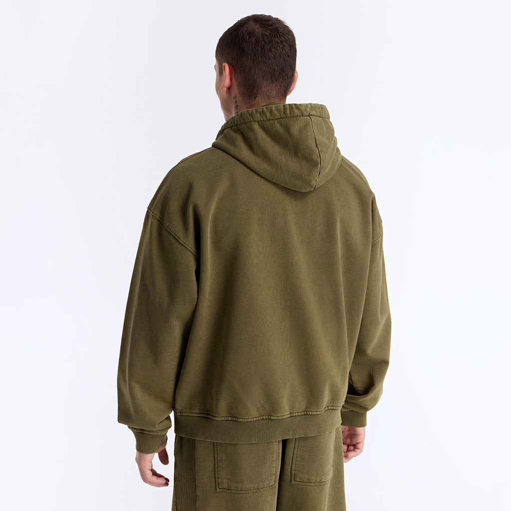 Haki Yıkamalı Kapüşonlu Fermuarlı Oversize Sweatshirt