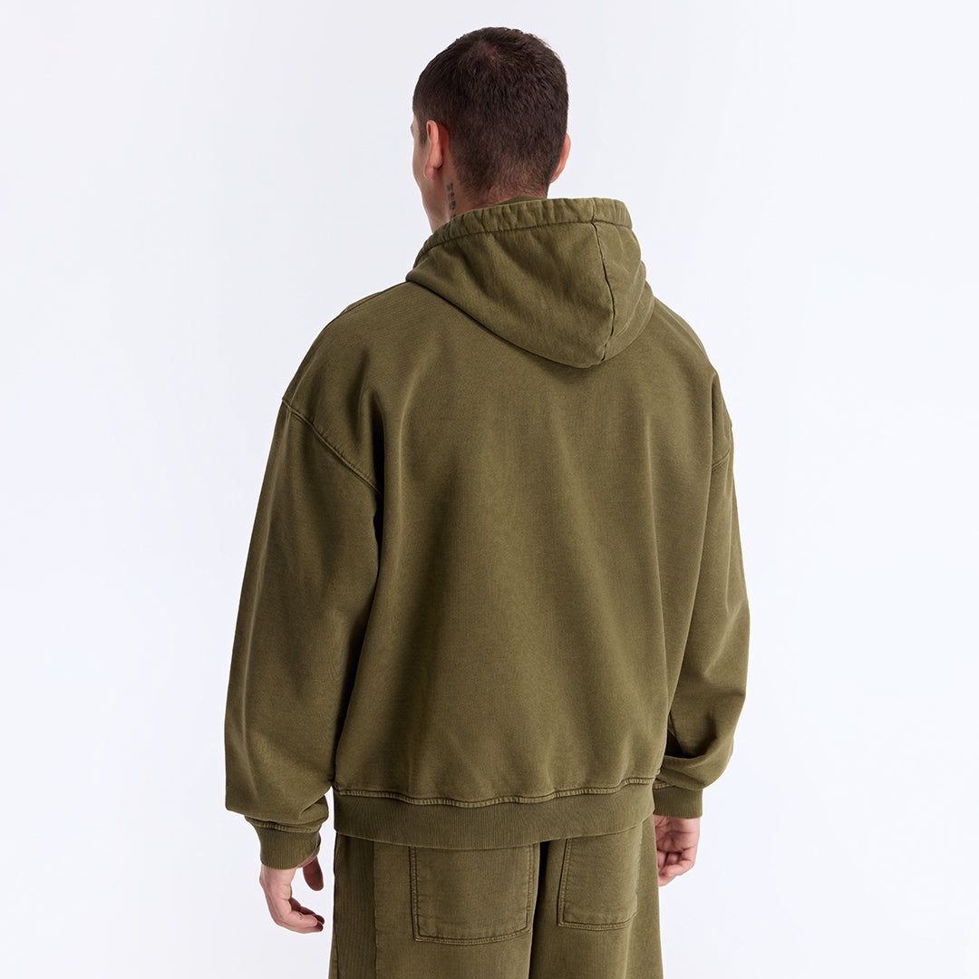 Haki Yıkamalı Kapüşonlu Fermuarlı Oversize Sweatshirt