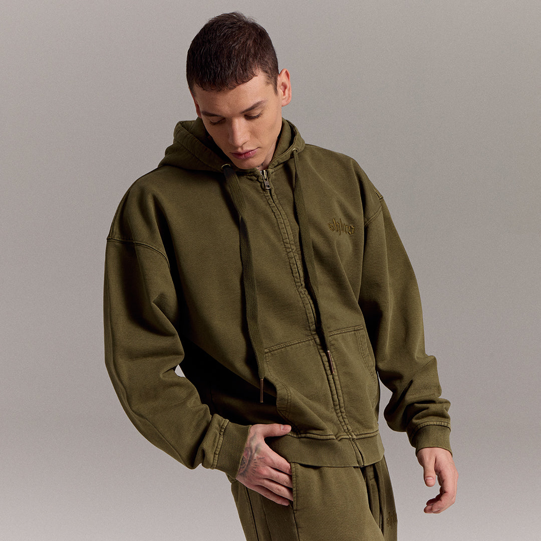 Haki Yıkamalı Kapüşonlu Fermuarlı Oversize Sweatshirt