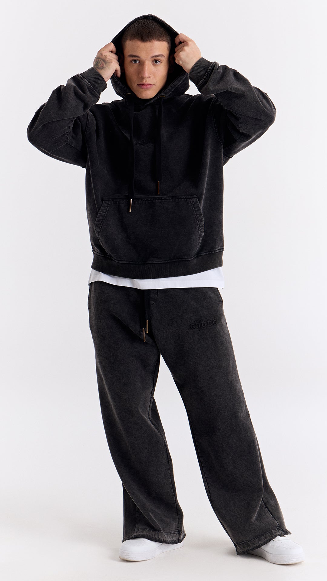 Siyah Yıkamalı Ribana Detaylı Eşofman Altı