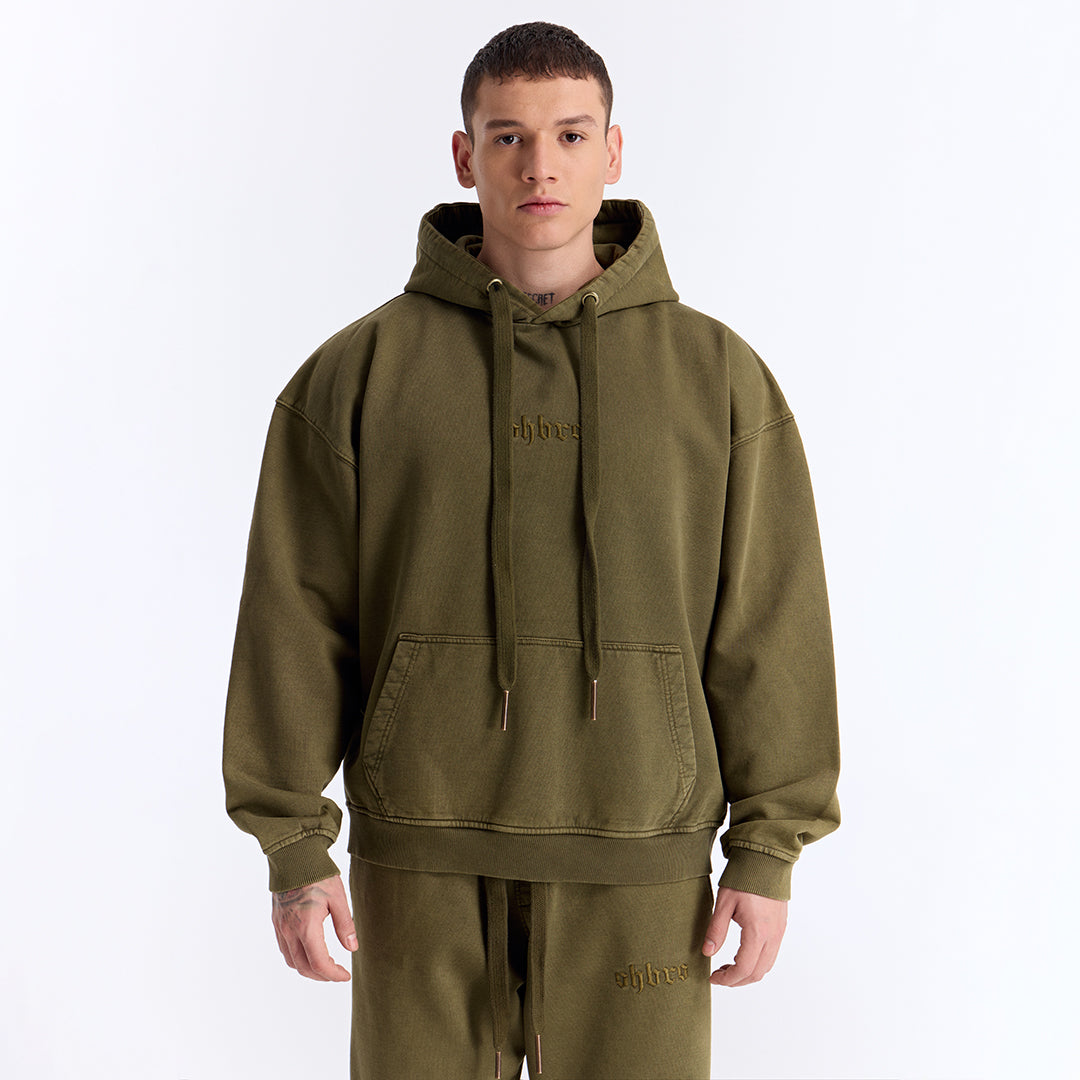 Haki Yıkamalı Kapüşonlu Oversize Sweatshirt
