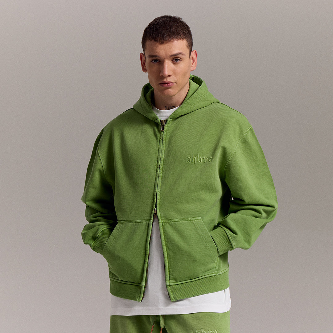 Sun Fade Yeşil Kapüşonlu Fermuarlı Boxy Fit Sweatshirt