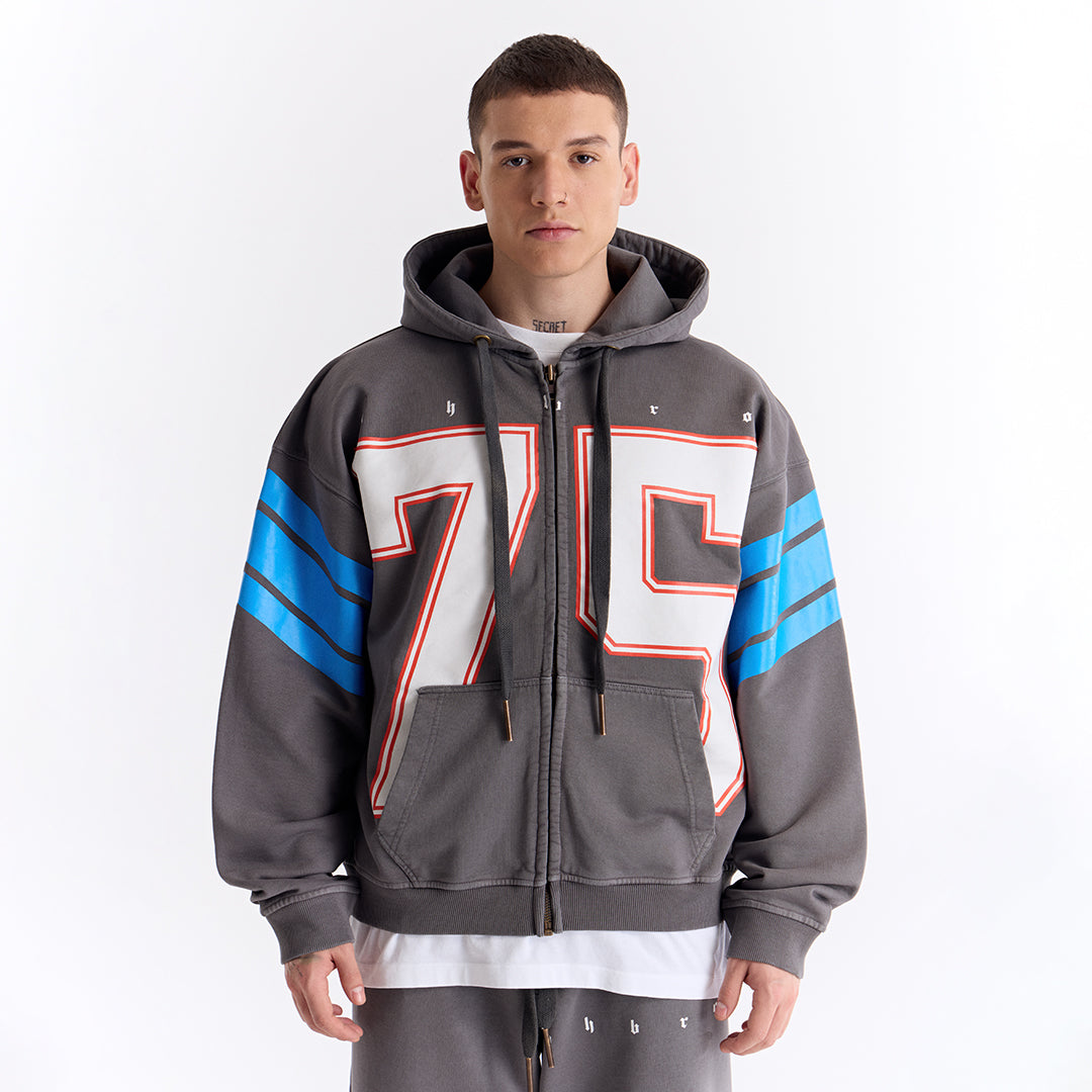 Gri 75 Baskılı Kapüşonlu Fermuarlı Oversize Sweatshirt