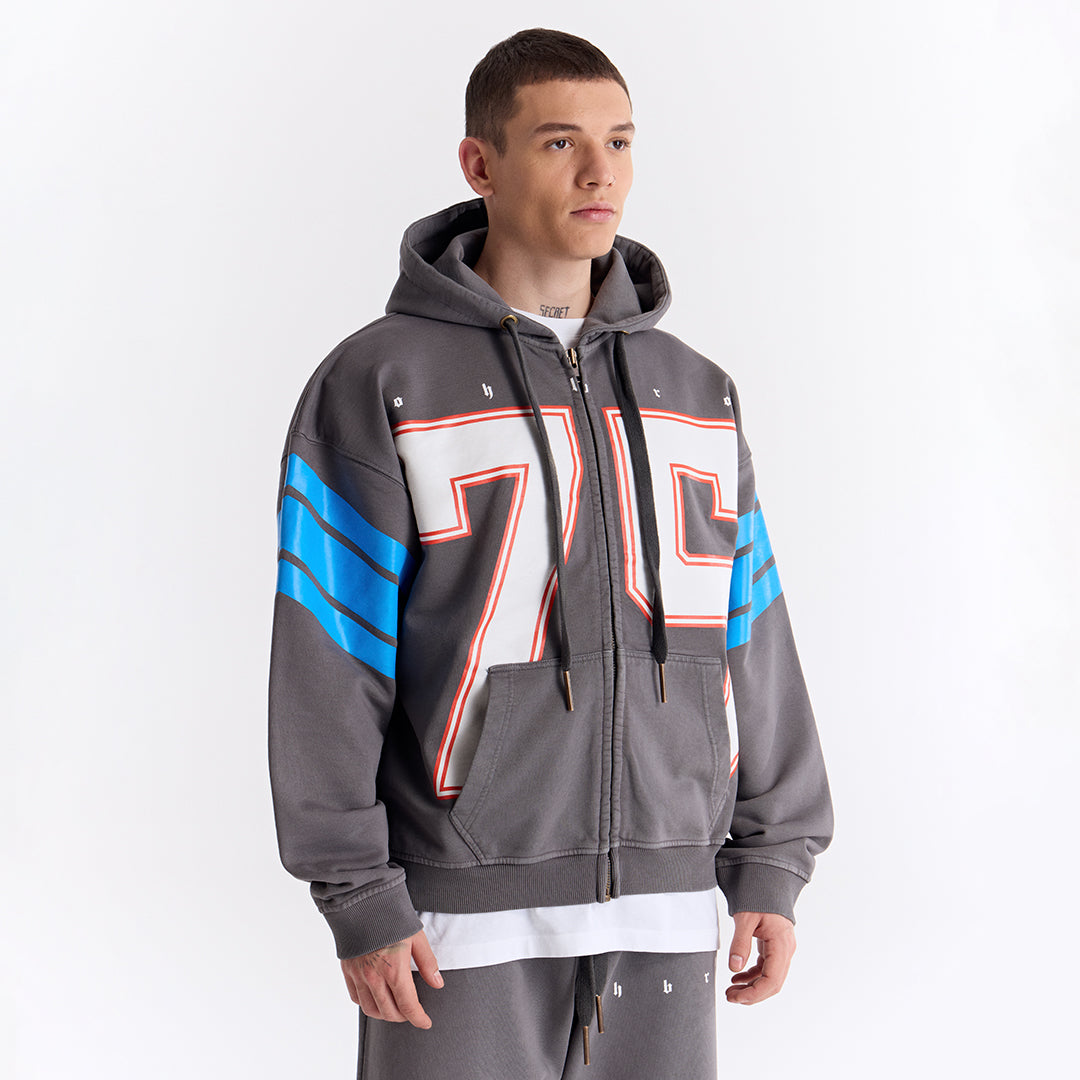 Gri 75 Baskılı Kapüşonlu Fermuarlı Oversize Sweatshirt