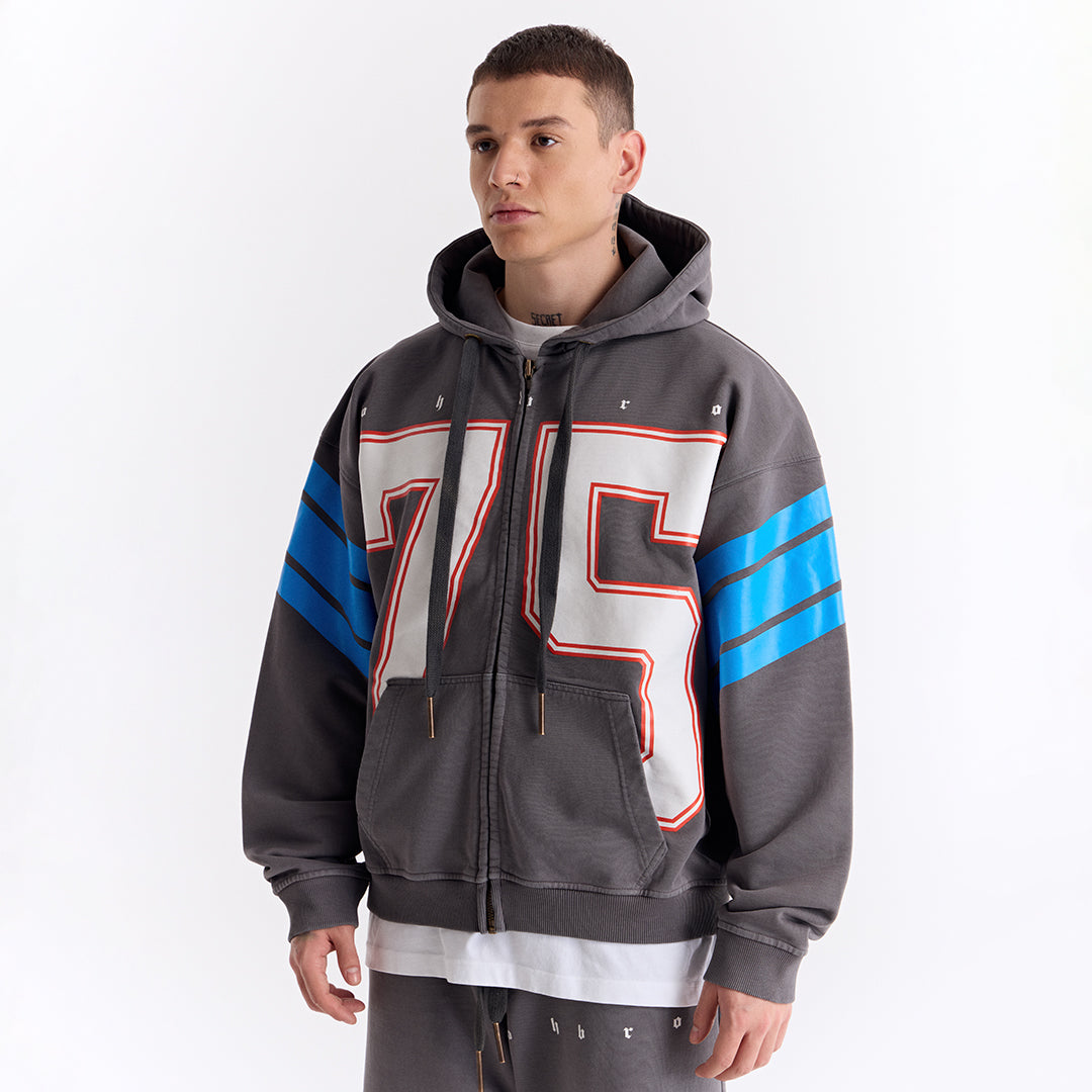 Gri 75 Baskılı Kapüşonlu Fermuarlı Oversize Sweatshirt
