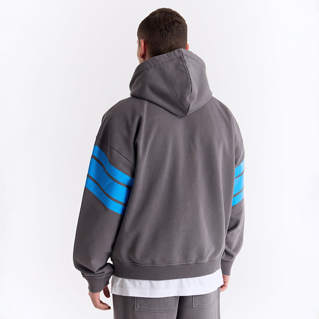 Gri 75 Baskılı Kapüşonlu Fermuarlı Oversize Sweatshirt