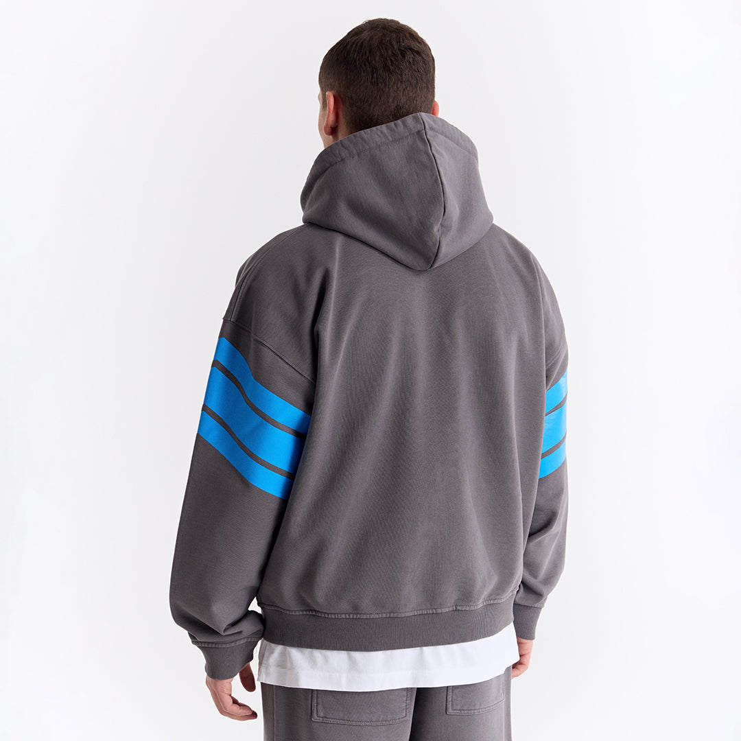 Gri 75 Baskılı Kapüşonlu Fermuarlı Oversize Sweatshirt