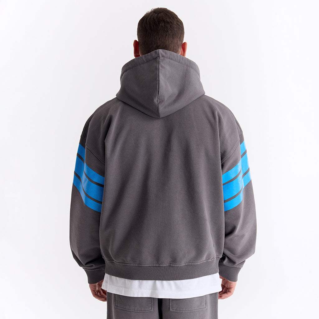 Gri 75 Baskılı Kapüşonlu Fermuarlı Oversize Sweatshirt