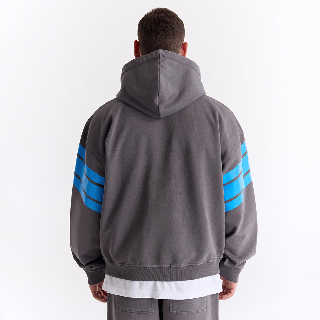 Gri 75 Baskılı Kapüşonlu Fermuarlı Oversize Sweatshirt
