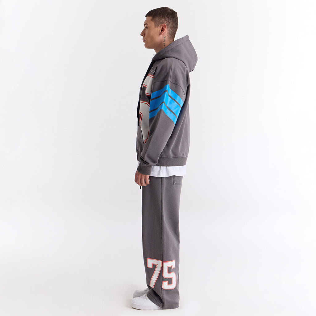 Gri 75 Baskılı Kapüşonlu Fermuarlı Oversize Sweatshirt