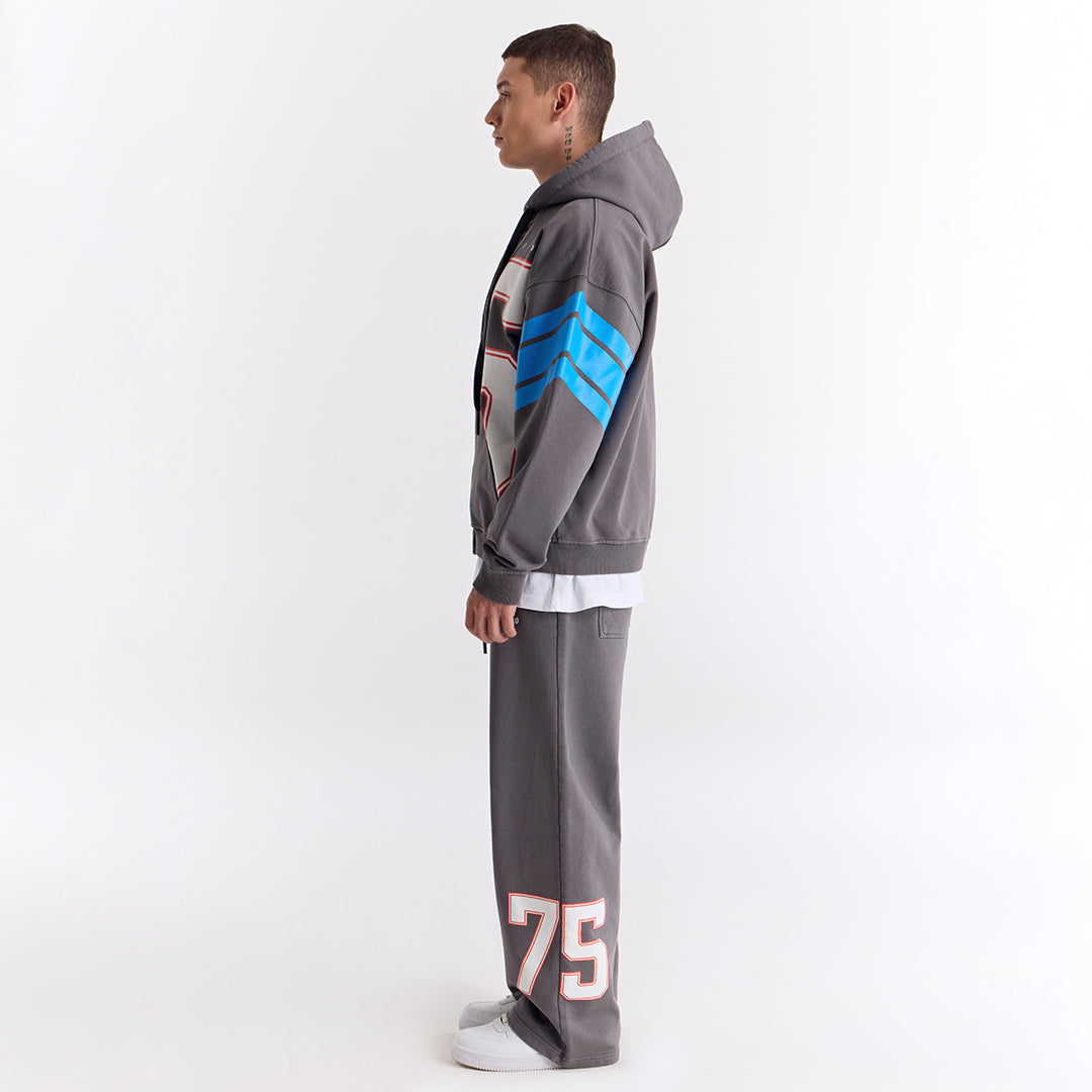 Gri 75 Baskılı Kapüşonlu Fermuarlı Oversize Sweatshirt