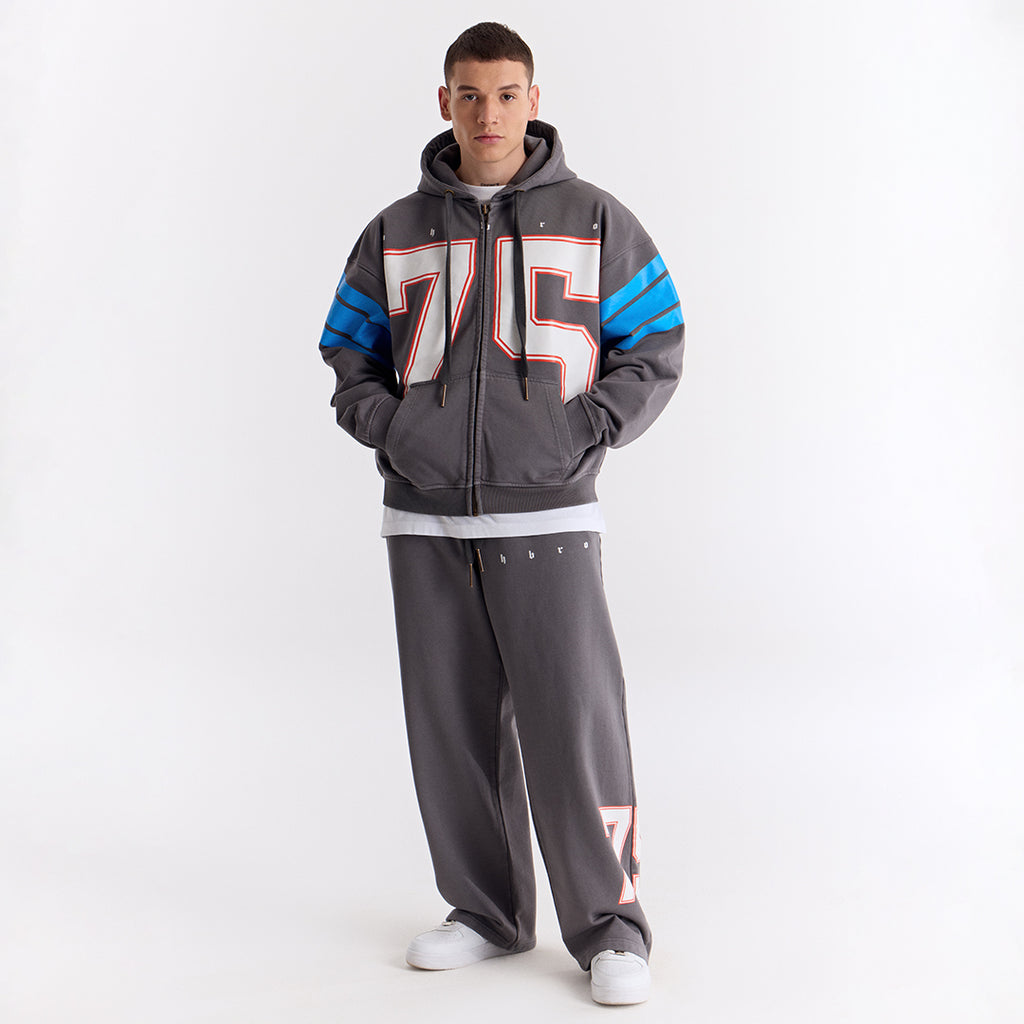 Gri 75 Baskılı Kapüşonlu Fermuarlı Oversize Sweatshirt