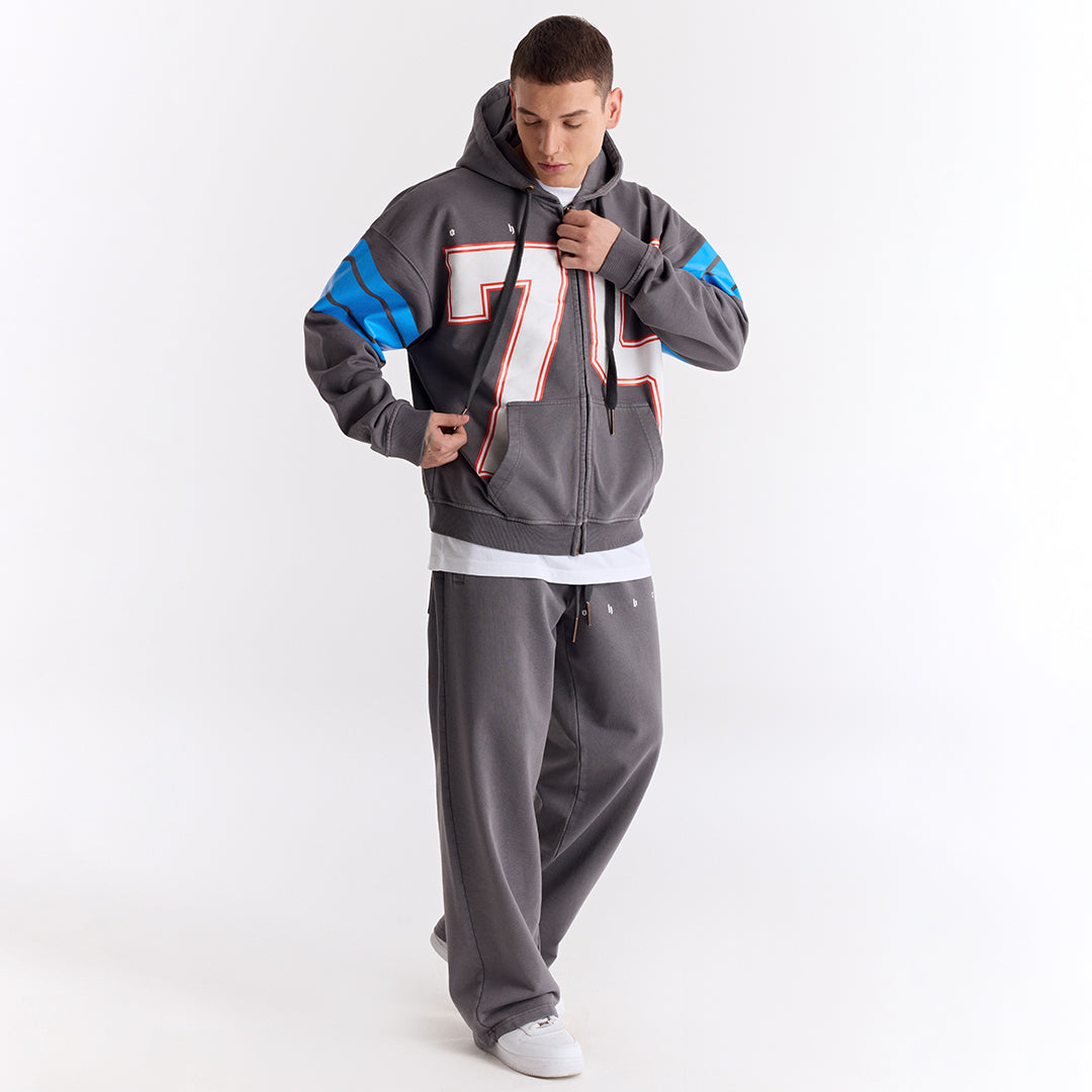 Gri 75 Baskılı Kapüşonlu Fermuarlı Oversize Sweatshirt