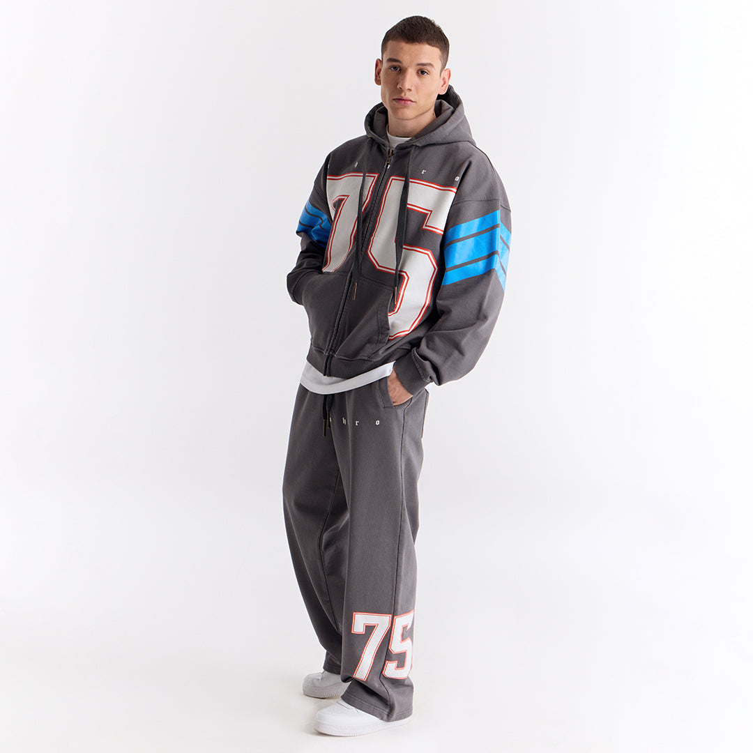 Gri 75 Baskılı Kapüşonlu Fermuarlı Oversize Sweatshirt