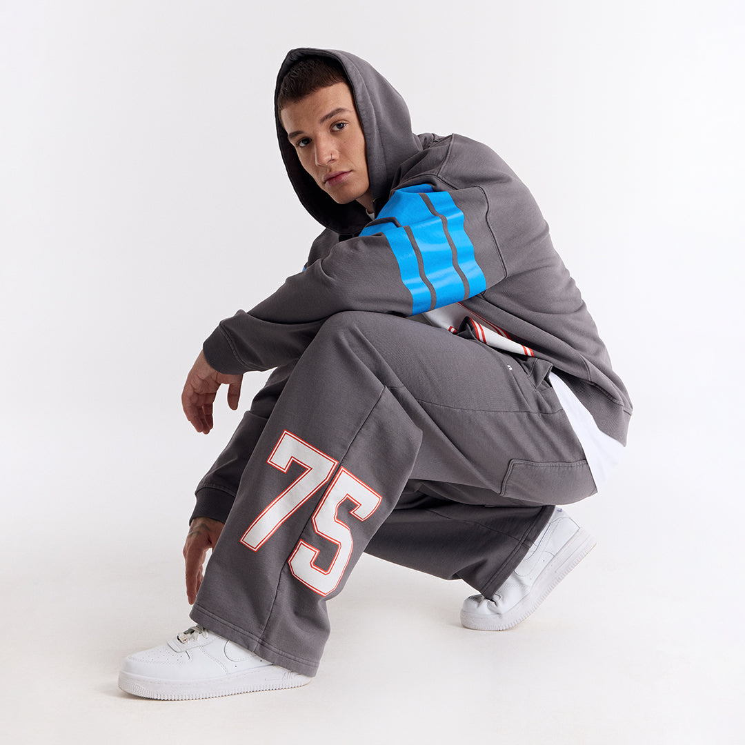 Gri 75 Baskılı Kapüşonlu Fermuarlı Oversize Sweatshirt