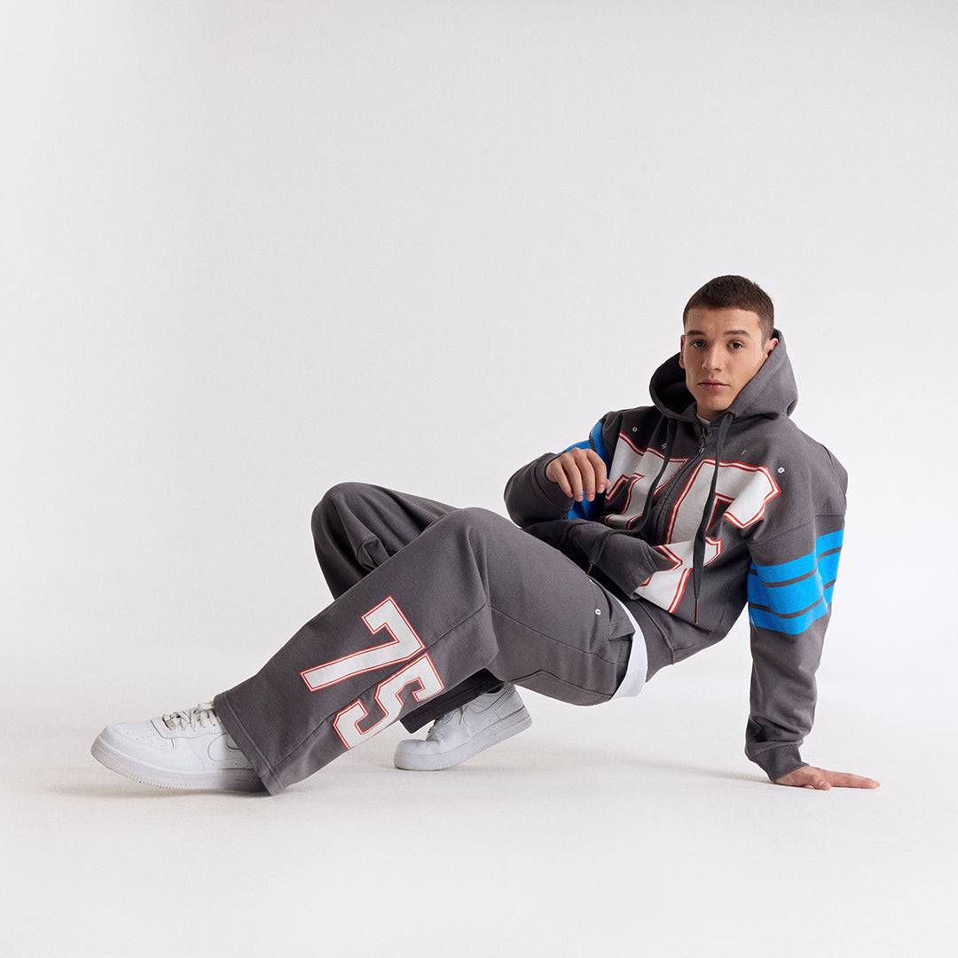 Gri 75 Baskılı Kapüşonlu Fermuarlı Oversize Sweatshirt