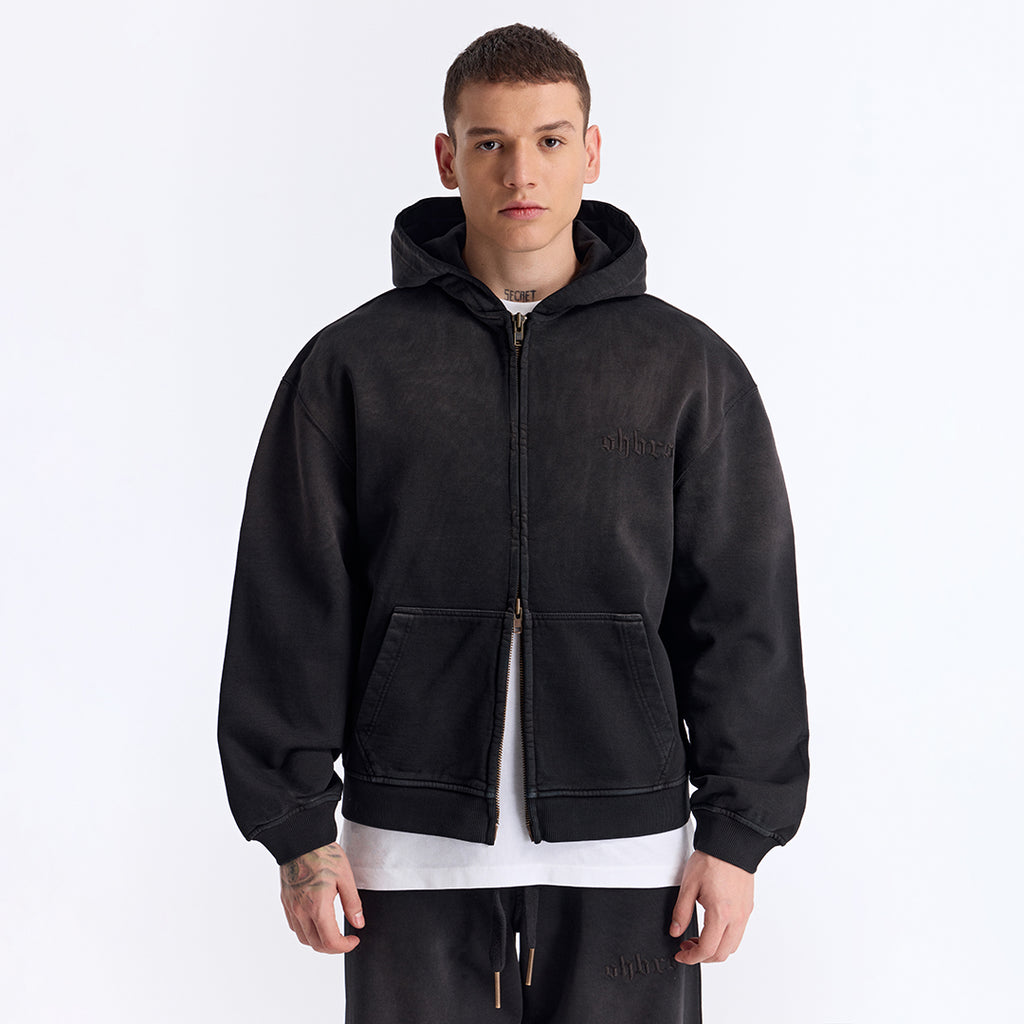 Sun Fade Siyah Kapüşonlu Fermuarlı Boxy Fit Sweatshirt