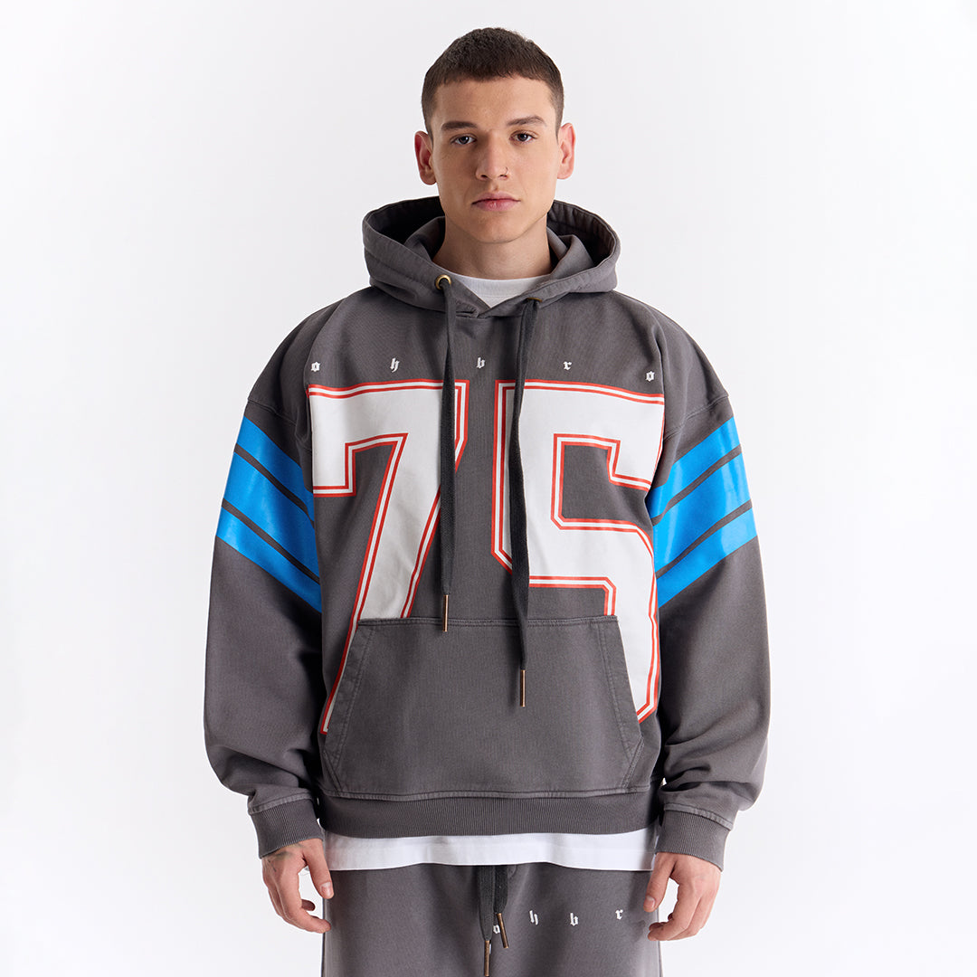 Gri 75 Baskılı Kapüşonlu Oversize Sweatshirt