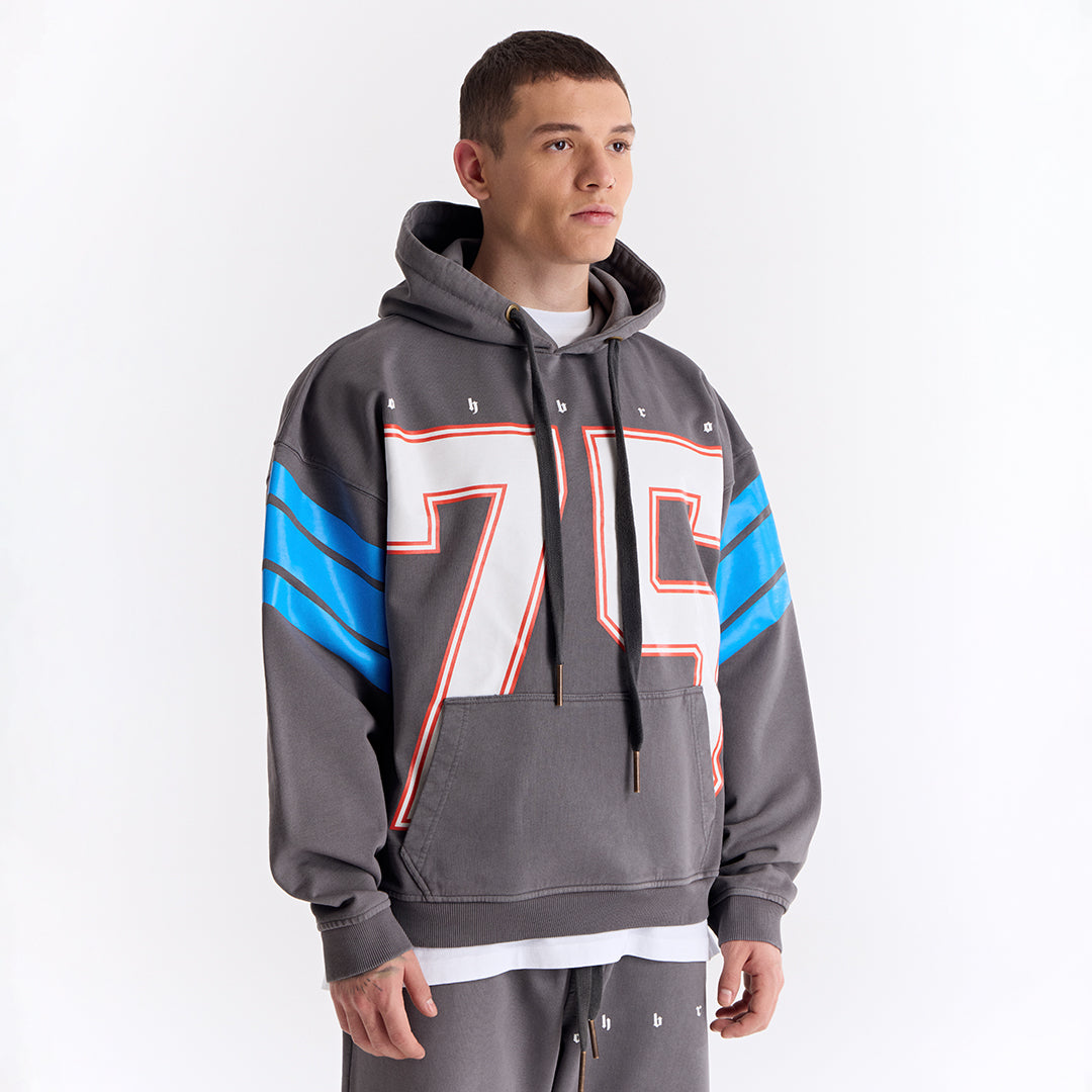 Gri 75 Baskılı Kapüşonlu Oversize Sweatshirt