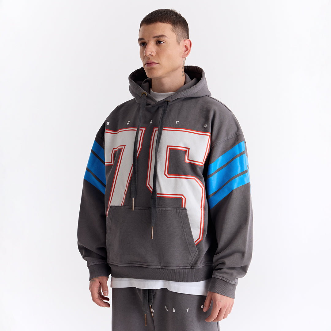 Gri 75 Baskılı Kapüşonlu Oversize Sweatshirt