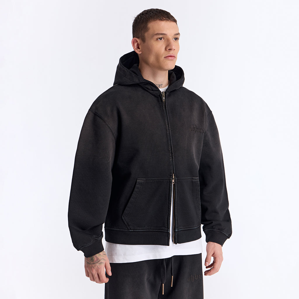 Sun Fade Siyah Kapüşonlu Fermuarlı Boxy Fit Sweatshirt