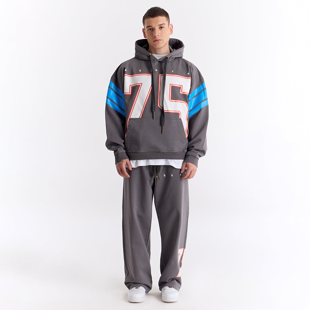 Gri 75 Baskılı Kapüşonlu Oversize Sweatshirt