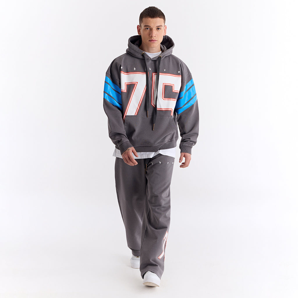 Gri 75 Baskılı Kapüşonlu Oversize Sweatshirt