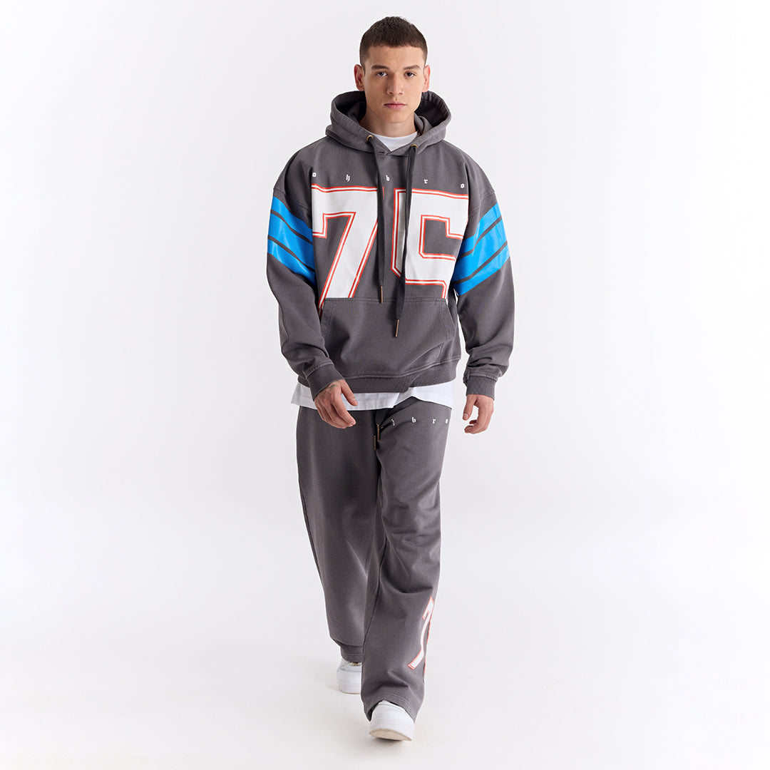 Gri 75 Baskılı Kapüşonlu Oversize Sweatshirt