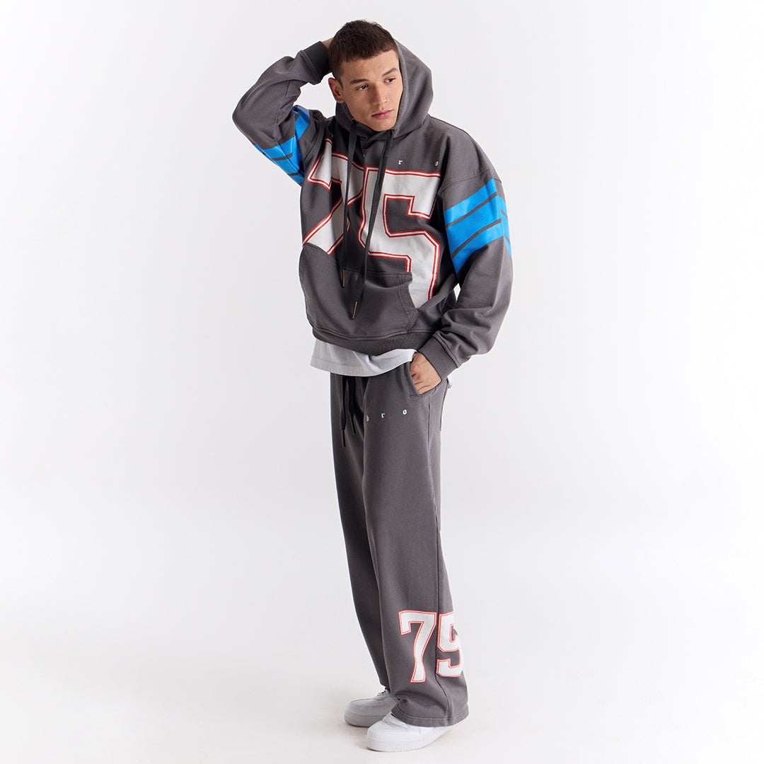 Gri 75 Baskılı Kapüşonlu Oversize Sweatshirt