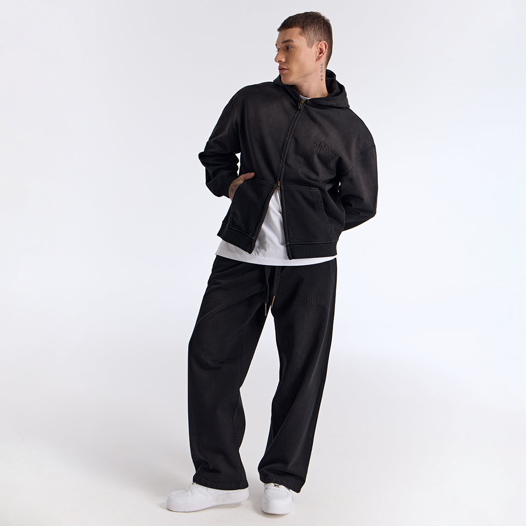 Sun Fade Siyah Kapüşonlu Fermuarlı Boxy Fit Sweatshirt