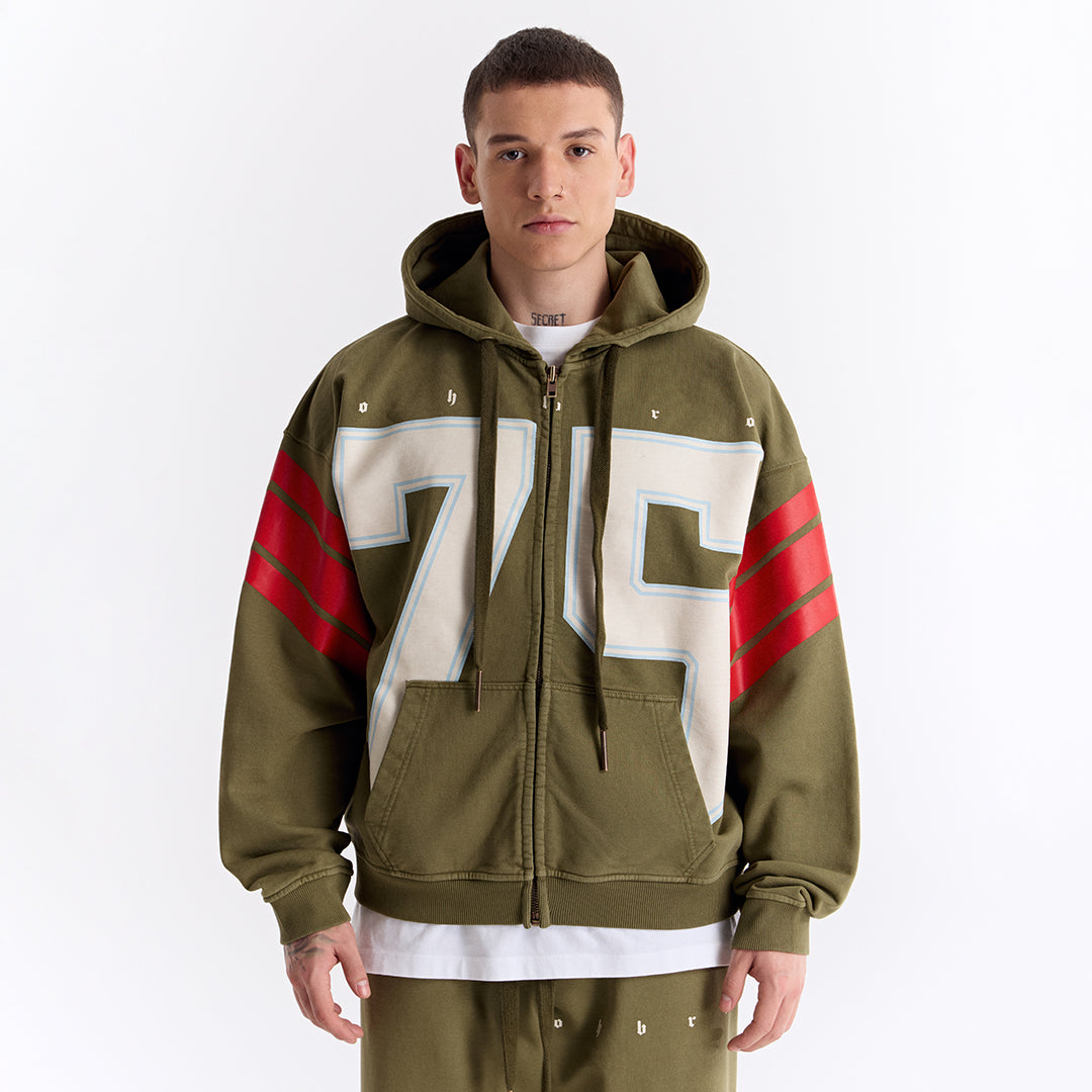Haki 75 Baskılı Kapüşonlu Fermuarlı Oversize Sweatshirt