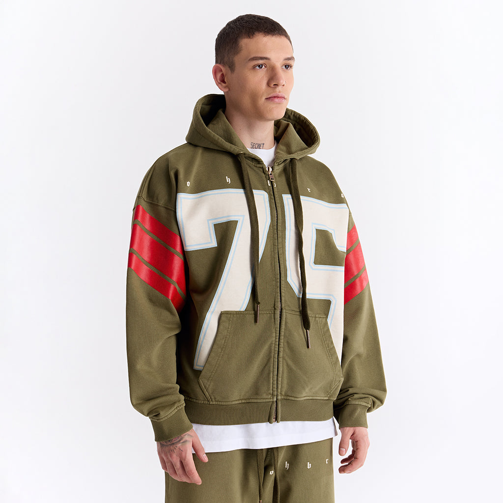 Haki 75 Baskılı Kapüşonlu Fermuarlı Oversize Sweatshirt