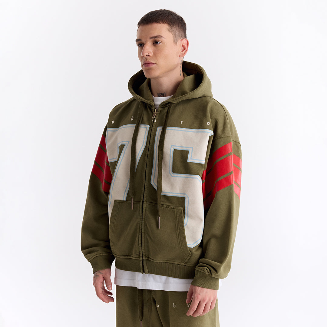 Haki 75 Baskılı Kapüşonlu Fermuarlı Oversize Sweatshirt