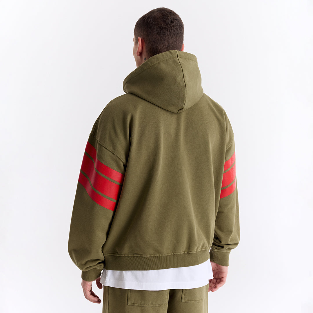 Haki 75 Baskılı Kapüşonlu Fermuarlı Oversize Sweatshirt