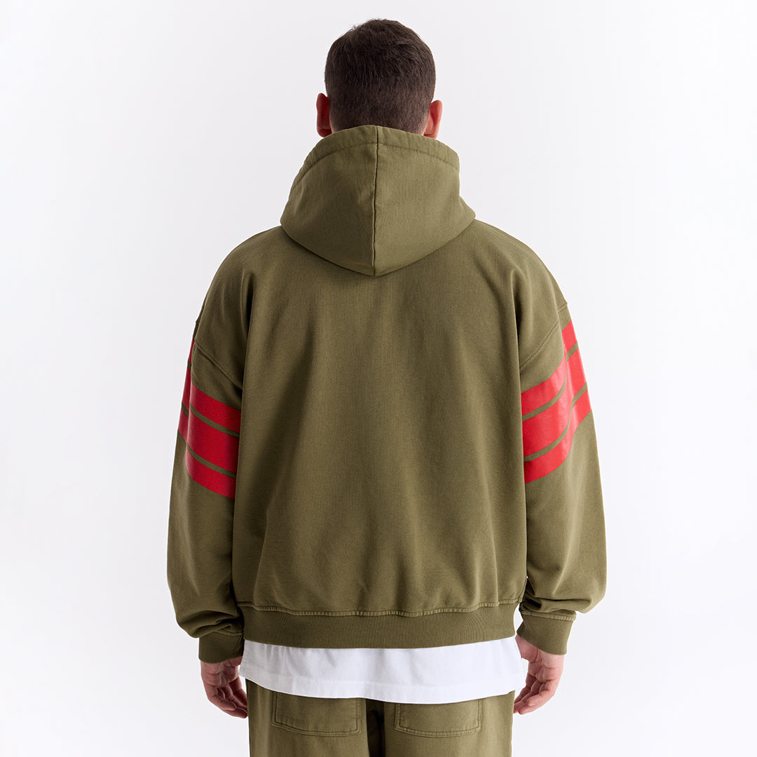Haki 75 Baskılı Kapüşonlu Fermuarlı Oversize Sweatshirt